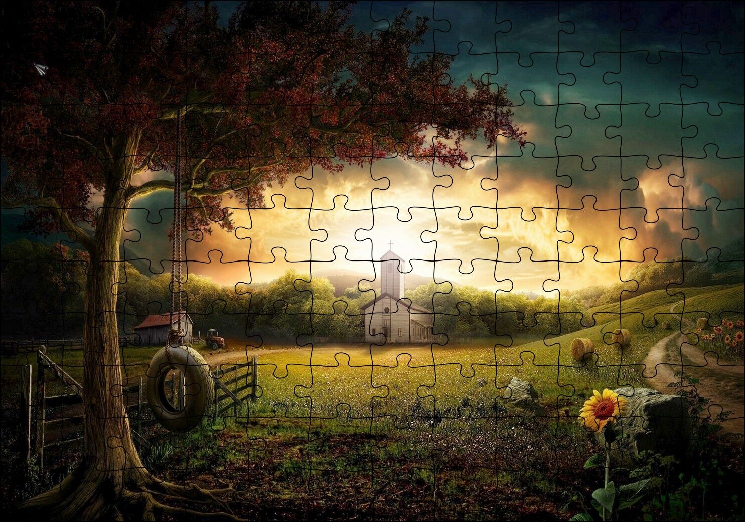 Günbatımında Bulutlar Kilise ve Çayırlar Puzzle Yapboz MDF Ahşap 120 Parça 24 cm X 34 cm