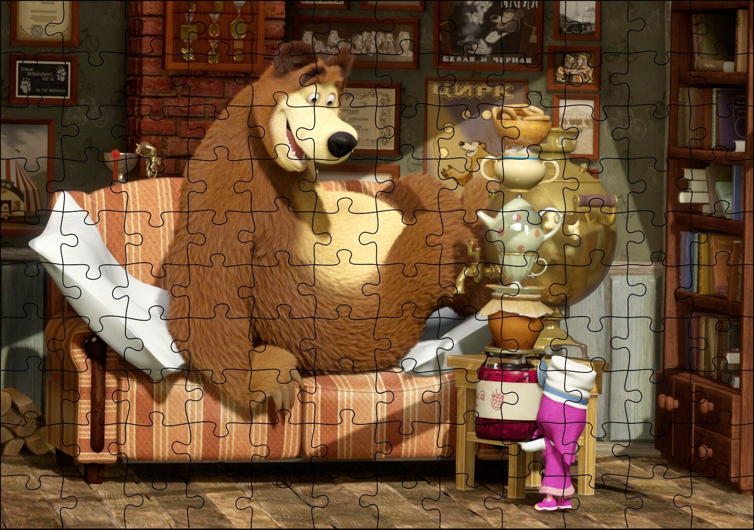 Masha Ayıyı Çay İçmeye Çağırır Görseli Puzzle Yapboz MDF Ahşap 120 Parça 24 cm X 34 cm