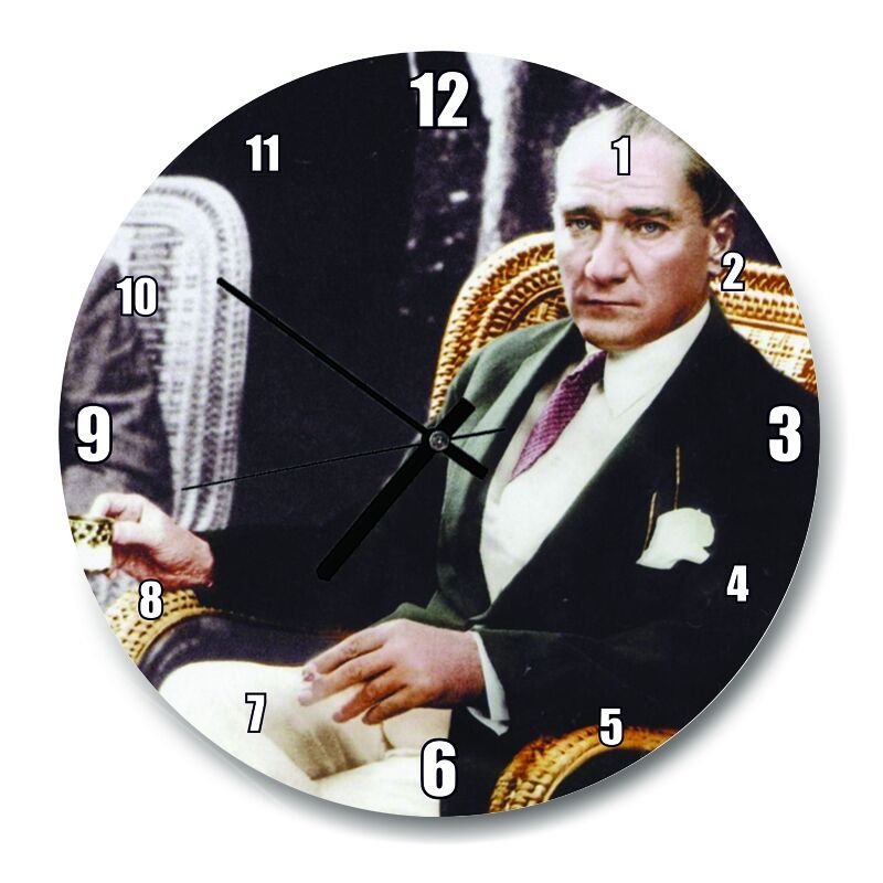 Mustafa Kemal Atatürk Kahve İçerken  Mdf Ahşap Duvar Saati 30 cm Çap