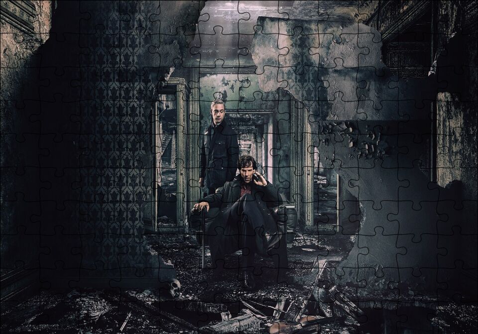 Sherlock ve Watson Yıkıntılar Arasında Puzzle Yapboz MDF Ahşap