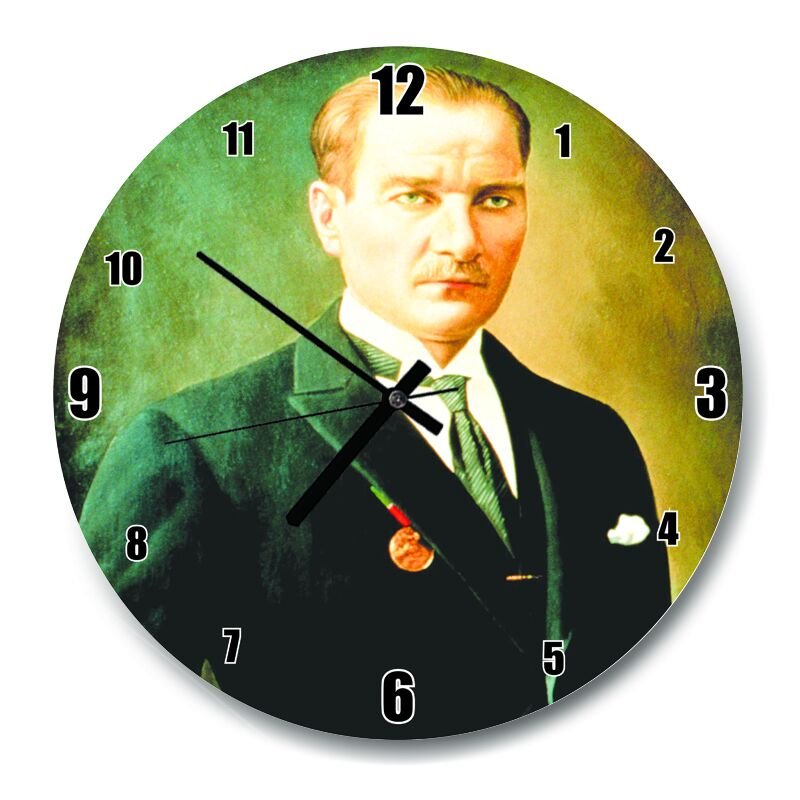Mustafa Kemal Atatürk Portre  Mdf Ahşap Duvar Saati 30 cm Çap