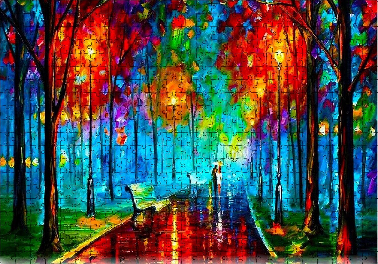 Ağaçlı Yol Yağmur Şemsiyeli Çift Yağlı Boya Puzzle Yapboz MDF Ahşap 500 Parça 49 cm X 68 cm