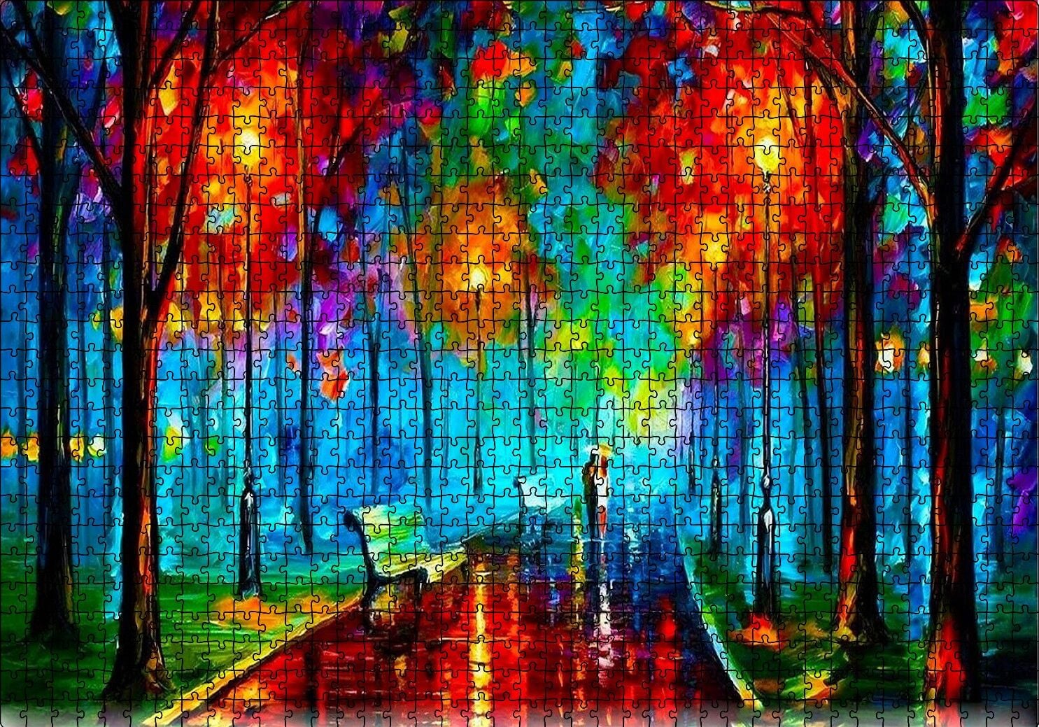 Ağaçlı Yol Yağmur Şemsiyeli Çift Yağlı Boya Puzzle Yapboz MDF Ahşap 1000 Parça 49 cm X 68 cm