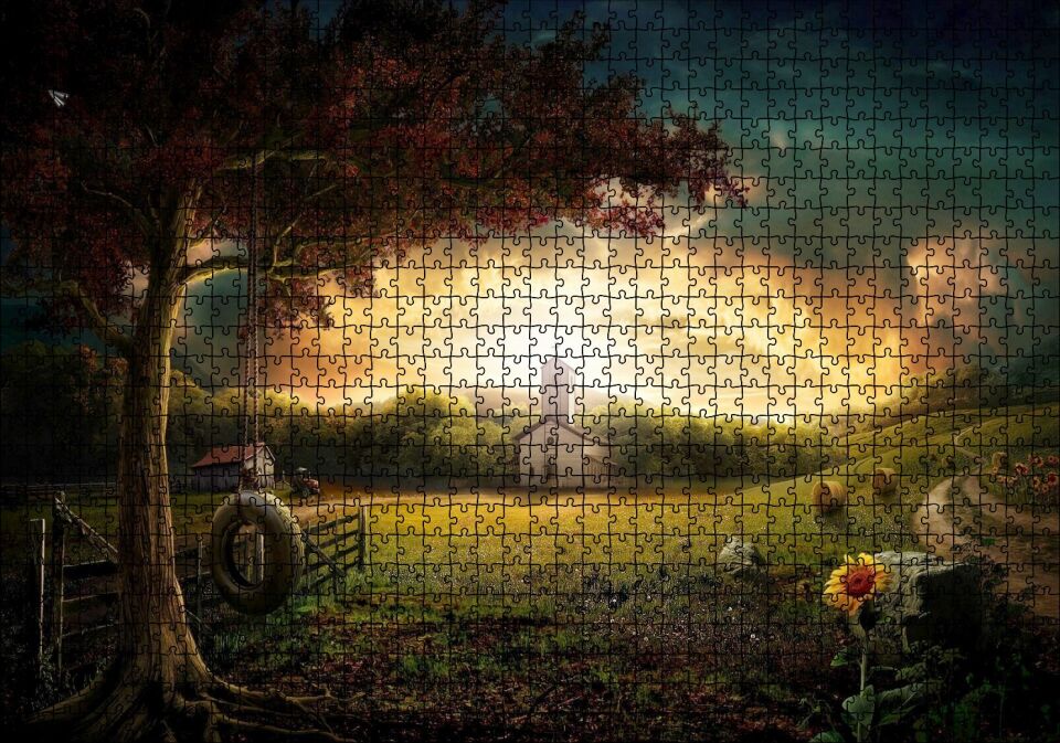 Günbatımında Bulutlar Kilise ve Çayırlar Puzzle Yapboz MDF Ahşap 1000 Parça 49 cm X 68 cm