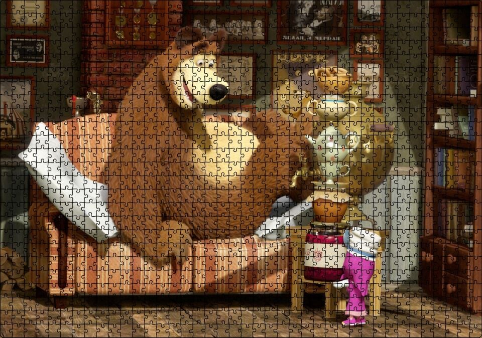 Masha Ayıyı Çay İçmeye Çağırır Görseli Puzzle Yapboz MDF Ahşap 1000 Parça 49 cm X 68 cm
