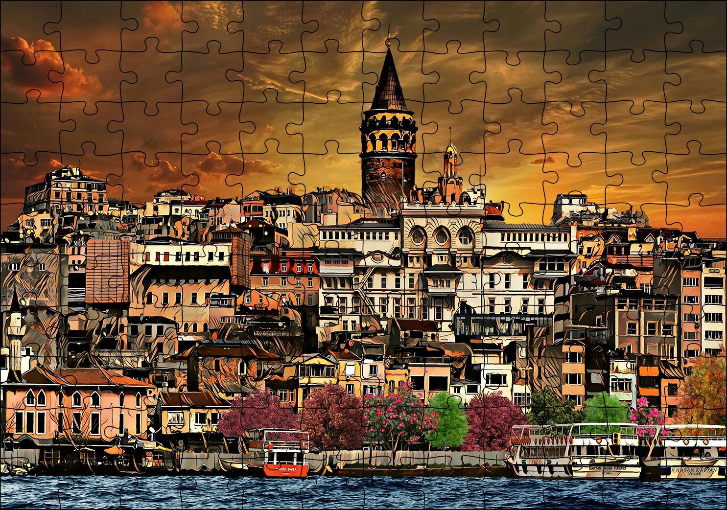 Kabataş ve Galata Kulesi Dijital Modifiyeli Puzzle Yapboz MDF Ahşap 120 Parça 24 cm X 34 cm