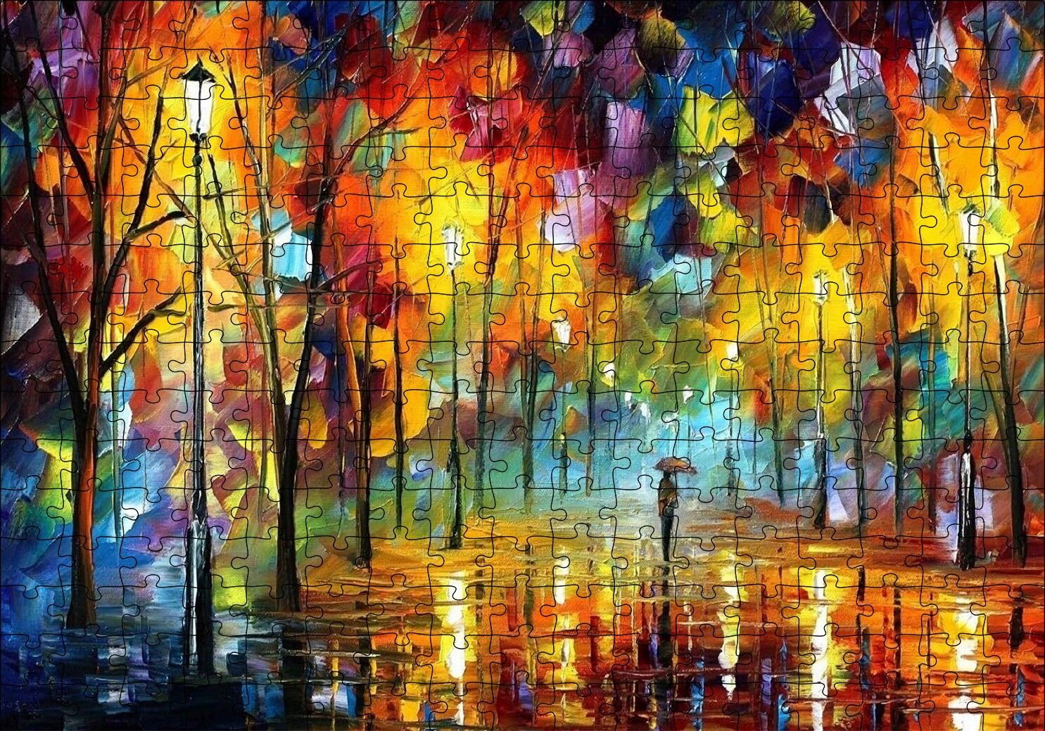 Ağaçlı Yolda Şemsiyeli Adam Yağlı Boya Puzzle Yapboz MDF Ahşap 255 Parça 34 cm X 49 cm