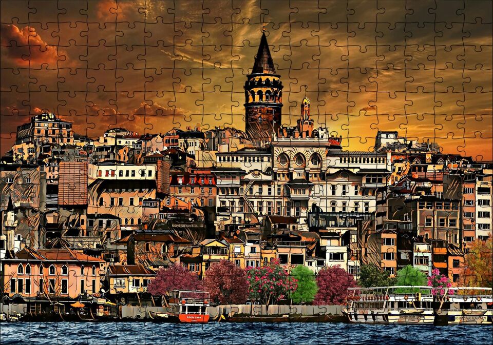 Kabataş ve Galata Kulesi Dijital Modifiyeli Puzzle Yapboz MDF Ahşap 255 Parça 34 cm X 49 cm