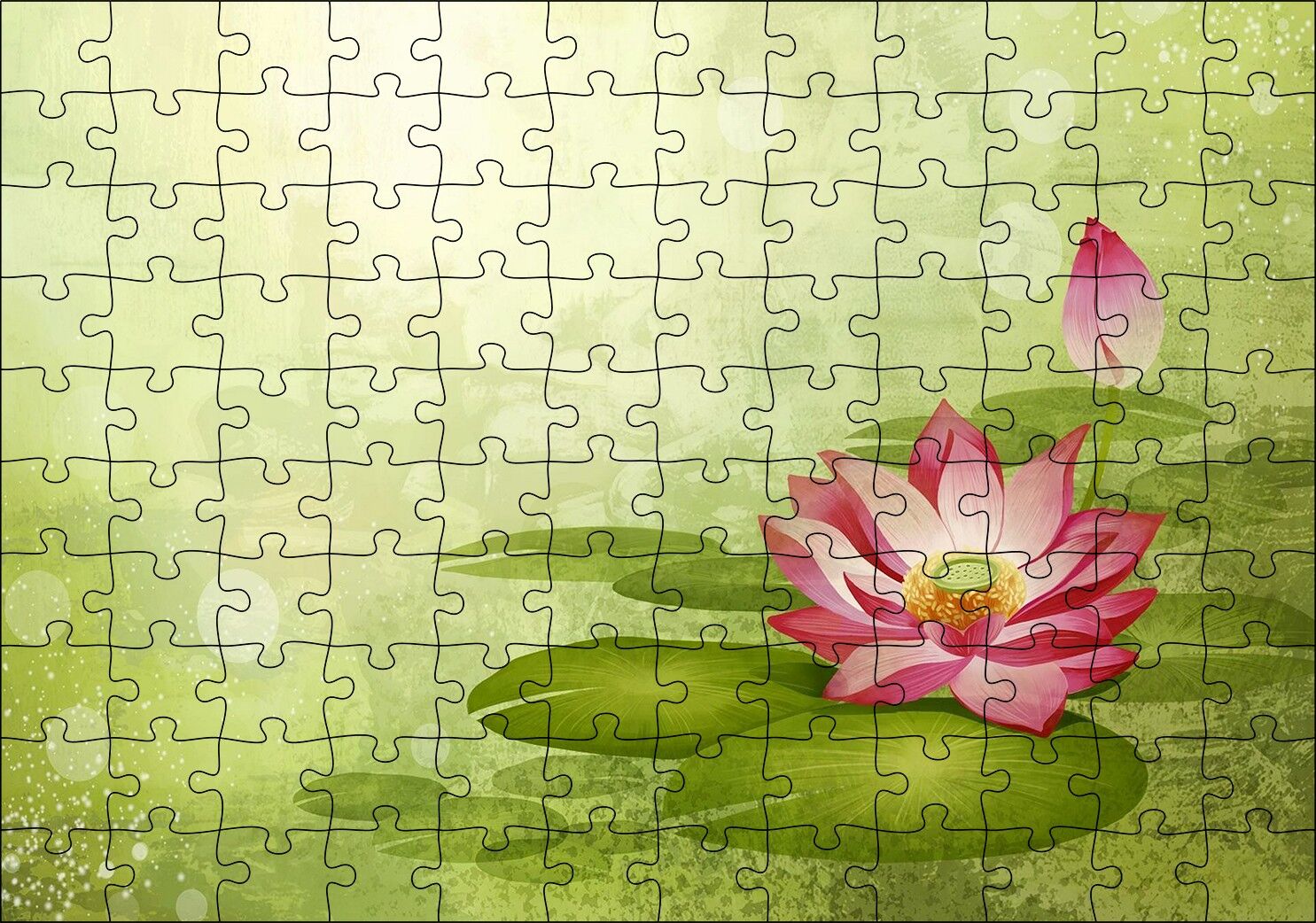 Lotus Çiçeği Ve Yeşil Zemin Puzzle Yapboz MDF Ahşap