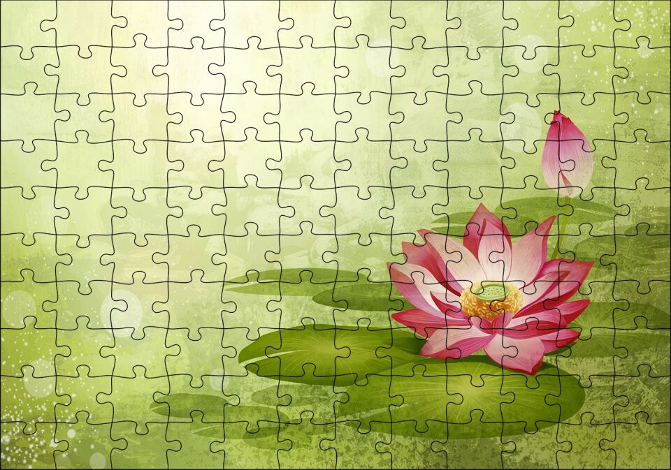 Lotus Çiçeği Ve Yeşil Zemin Puzzle Yapboz MDF Ahşap