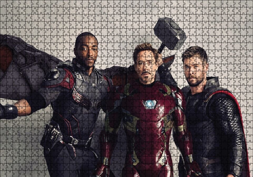 Avengers Infinity War Falcon, Iron Man ve Thor Puzzle Yapboz MDF Ahşap 1000 Parça 49 cm X 68 cm