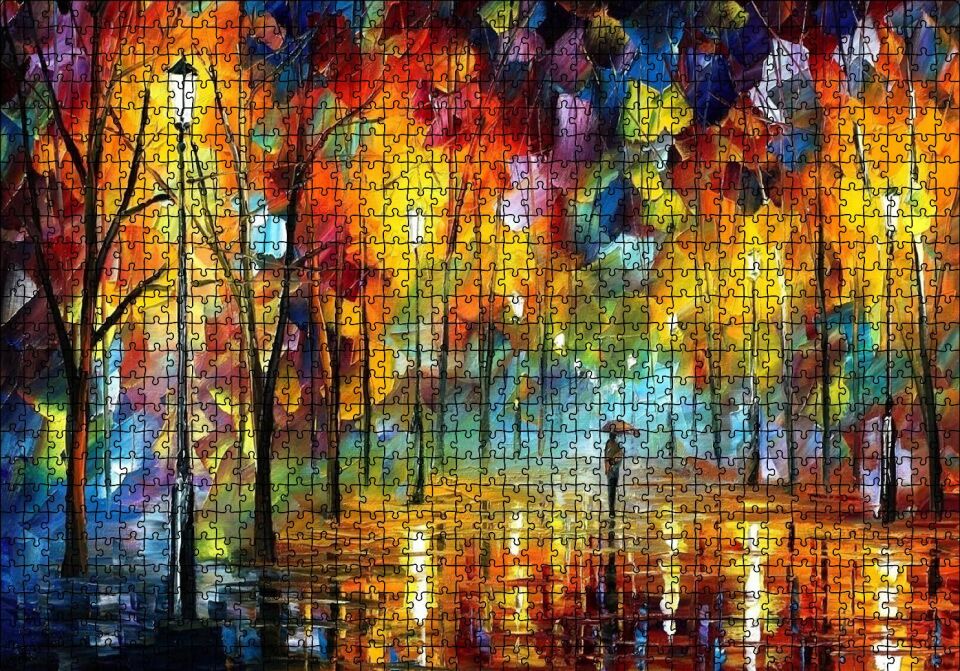 Ağaçlı Yolda Şemsiyeli Adam Yağlı Boya Puzzle Yapboz MDF Ahşap 1000 Parça 49 cm X 68 cm