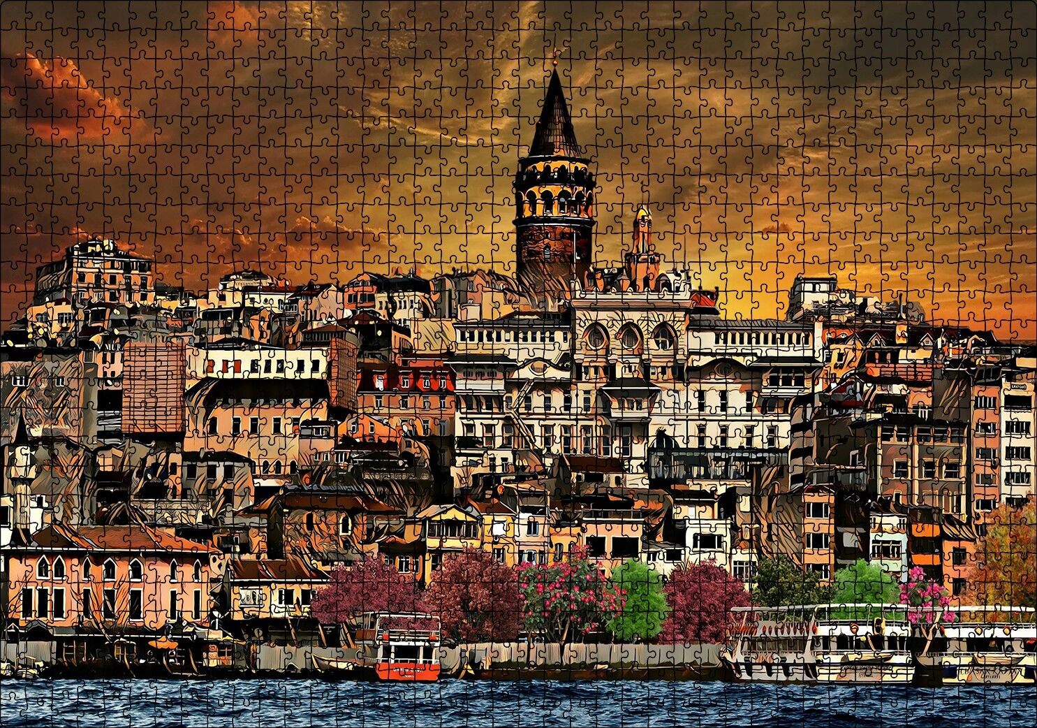 Kabataş ve Galata Kulesi Dijital Modifiyeli Puzzle Yapboz MDF Ahşap 1000 Parça 49 cm X 68 cm