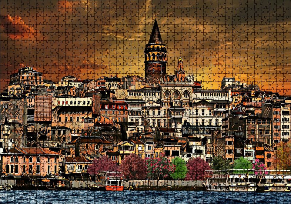 Kabataş ve Galata Kulesi Dijital Modifiyeli Puzzle Yapboz MDF Ahşap 1000 Parça 49 cm X 68 cm