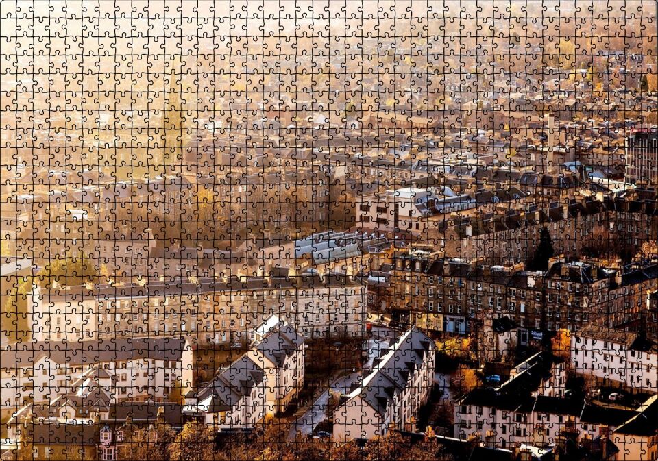 İskoçya Edinburg Yüksekten Şehir Manzarası Puzzle Yapboz MDF Ahşap 1000 Parça 49 cm X 68 cm