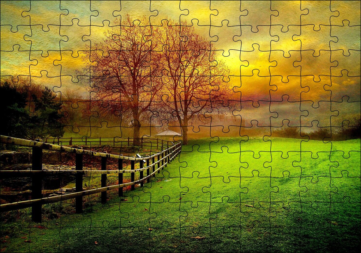 Manzara Çitler Ağaçlar Bulutlu Sarı Gökyüzü Puzzle Yapboz MDF Ahşap