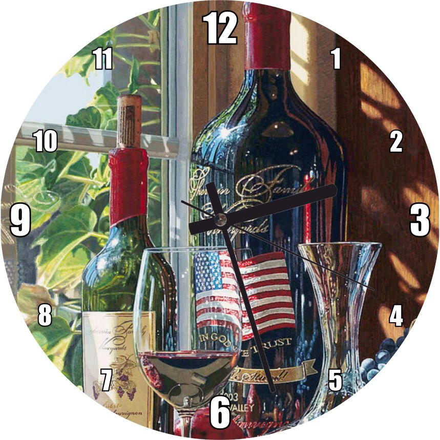 Cabarnet Sauvignon Şarap Şişeleri ve Kadehler  Mdf Ahşap Duvar Saati 50 cm Çap