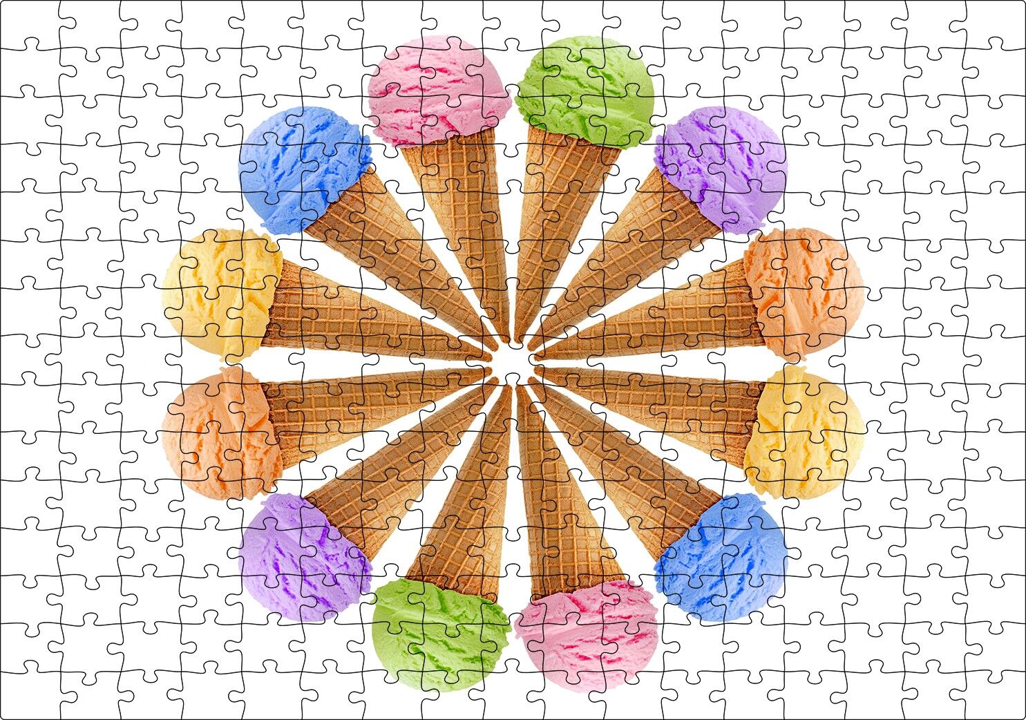 Çeşitli Kornet Dondurma Yelpazesi Puzzle Yapboz MDF Ahşap 255 Parça 34 cm X 49 cm