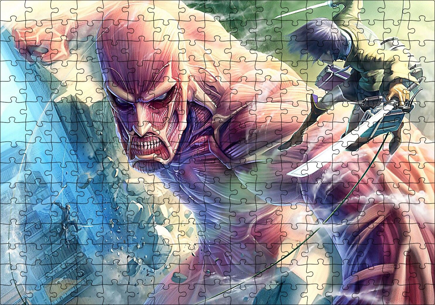 Kılıçlı Anime Titan Saldırısı İllüstrasyon Puzzle Yapboz MDF Ahşap 255 Parça 34 cm X 49 cm