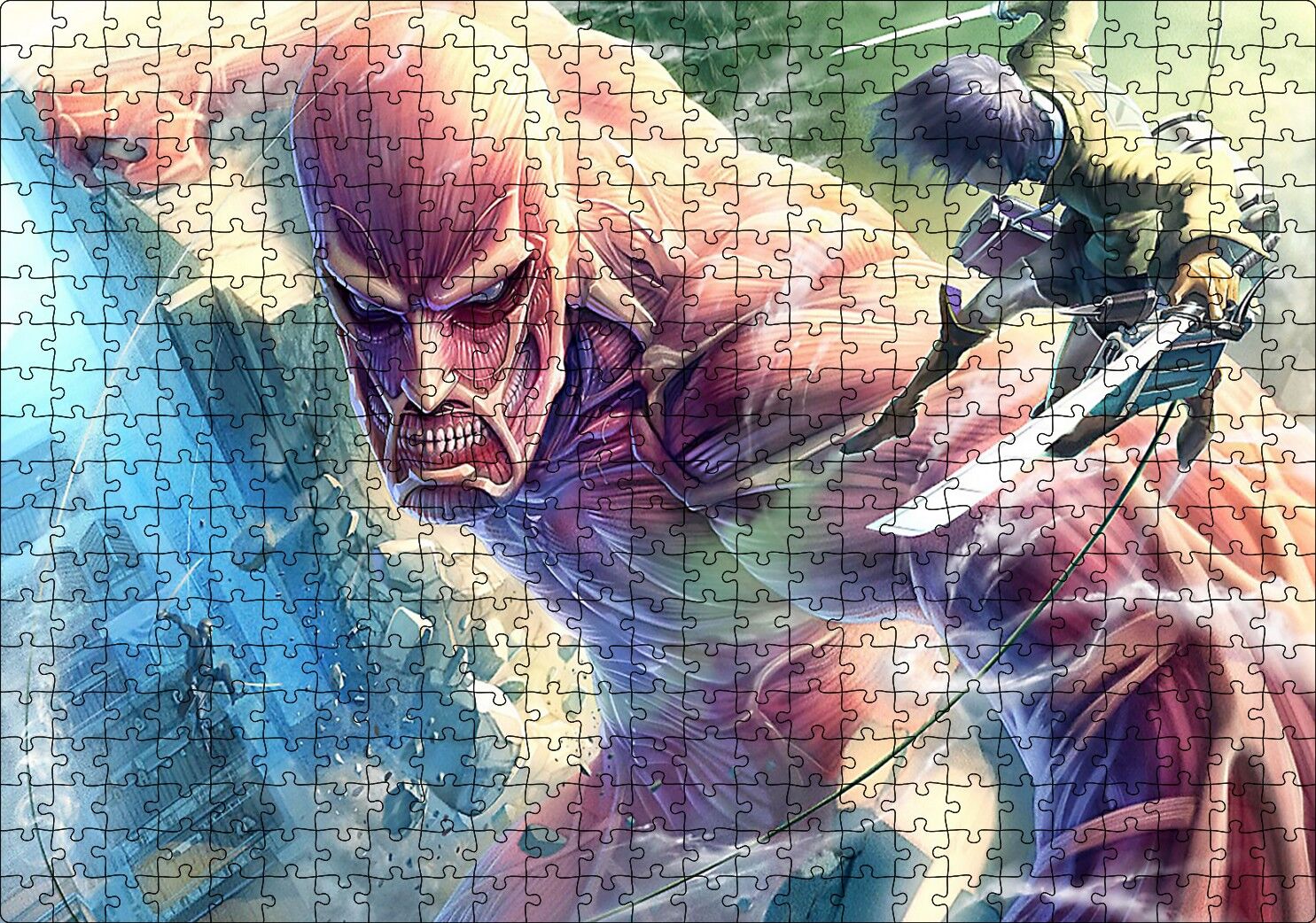Kılıçlı Anime Titan Saldırısı İllüstrasyon Puzzle Yapboz MDF Ahşap 500 Parça 49 cm X 68 cm