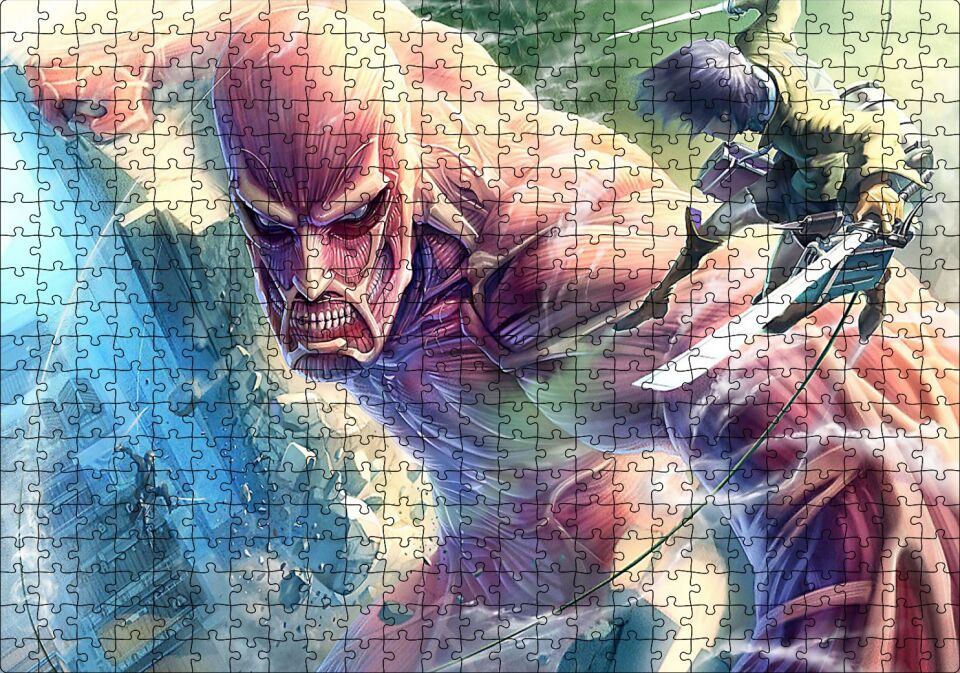 Kılıçlı Anime Titan Saldırısı İllüstrasyon Puzzle Yapboz MDF Ahşap 500 Parça 49 cm X 68 cm