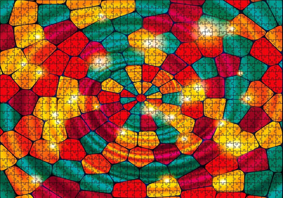 Renkli Geometrik Şekiller Vitray Puzzle Yapboz MDF Ahşap 1000 Parça 49 cm X 68 cm