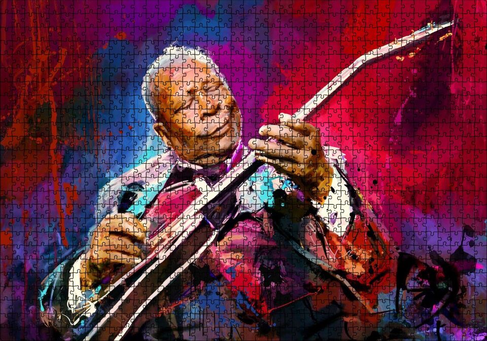 Yağlı Boya Resmi Elektronik Gitar Mutlu Caz Müzisyeni Görseli Puzzle Yapboz MDF Ahşap 1000 Parça 49 cm X 68 cm