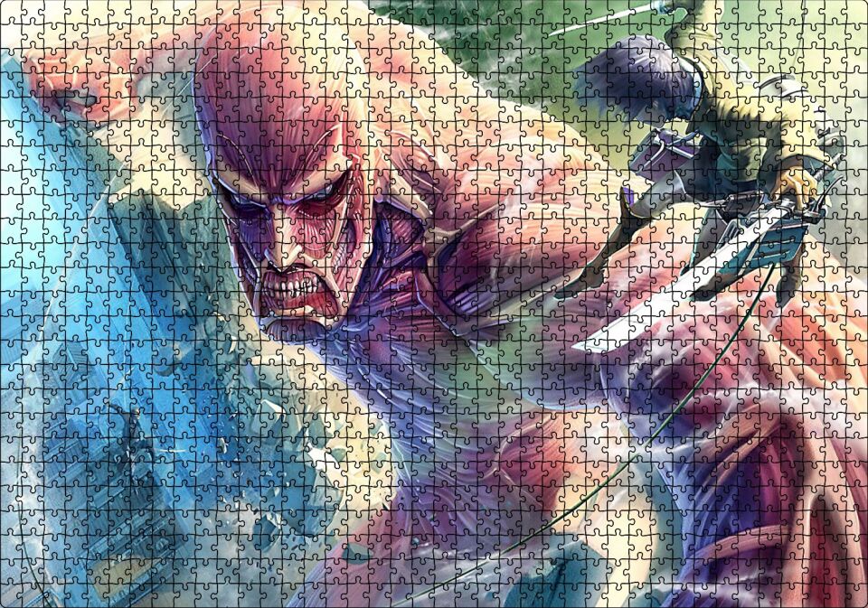 Kılıçlı Anime Titan Saldırısı İllüstrasyon Puzzle Yapboz MDF Ahşap 1000 Parça 49 cm X 68 cm