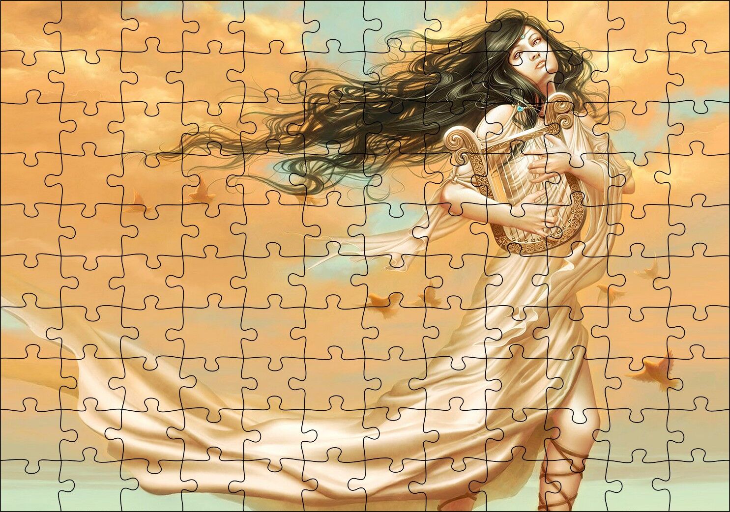 Lir Çalan Mistik Kız ve Kuşlar Puzzle Yapboz MDF Ahşap