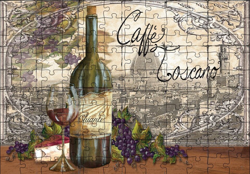 Toskana Kırmızı Şarap Kadeh Üzüm Peynir Puzzle Yapboz MDF Ahşap