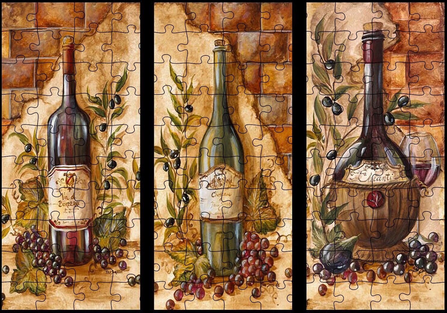 Üç Çeşit Şarap Şişesi Üzüm Görseli Puzzle Yapboz MDF Ahşap