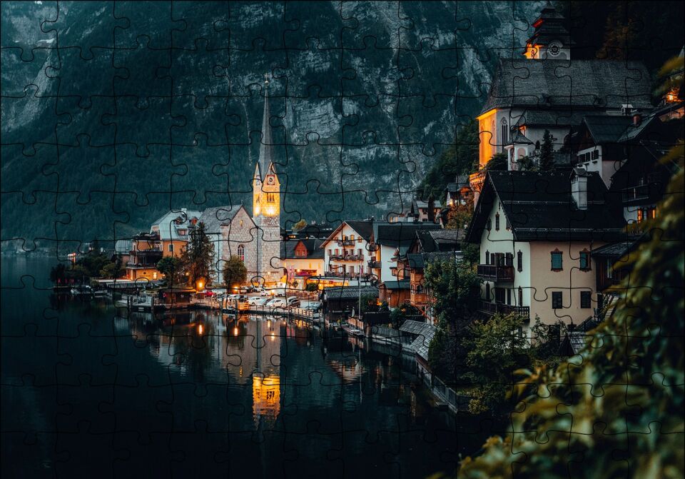 Avusturya Hallstatt Akşam Üzeri Manzarası Puzzle Yapboz MDF Ahşap 120 Parça 24 cm X 34 cm