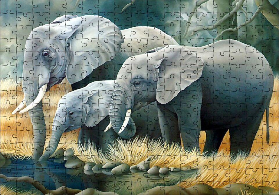 Fil Ailesi Su Kenarında Dijital Çizim Puzzle Yapboz MDF Ahşap 255 Parça 34 cm X 49 cm
