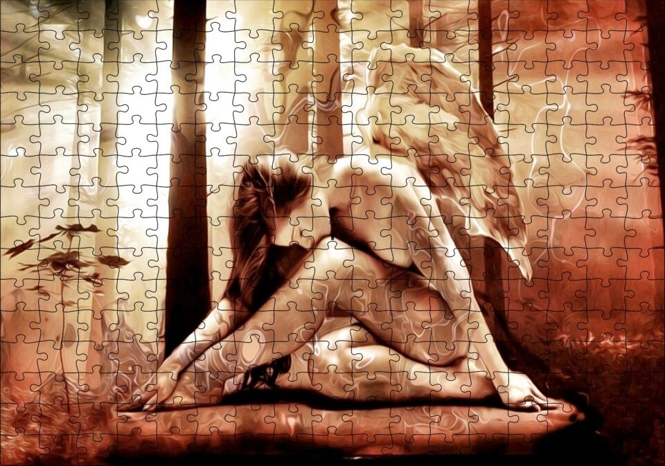 Yağlı Boya Resmi Melek Kanatlı Kadın Görseli Puzzle Yapboz MDF Ahşap 255 Parça 34 cm X 49 cm