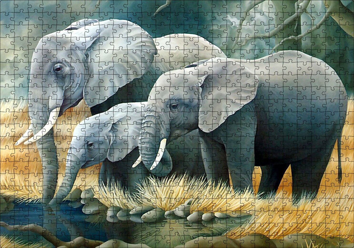 Fil Ailesi Su Kenarında Dijital Çizim Puzzle Yapboz MDF Ahşap 500 Parça 49 cm X 68 cm