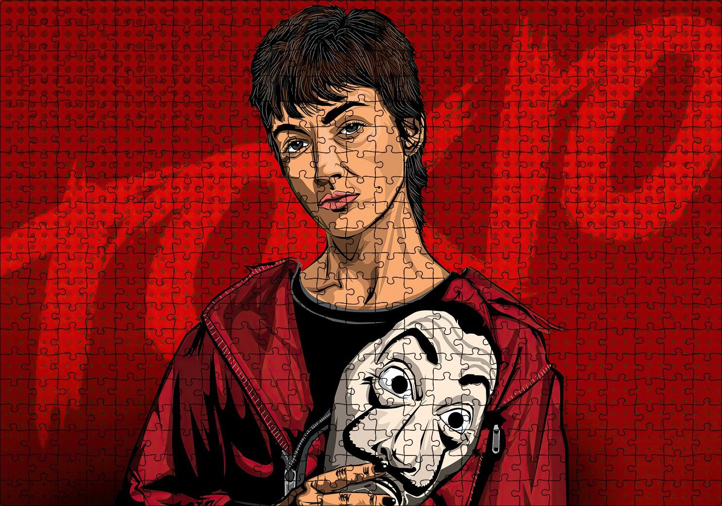 La Casa De Papel Tokyo ve Maskesi Çizim Portre Puzzle Yapboz MDF Ahşap 500 Parça 49 cm X 68 cm