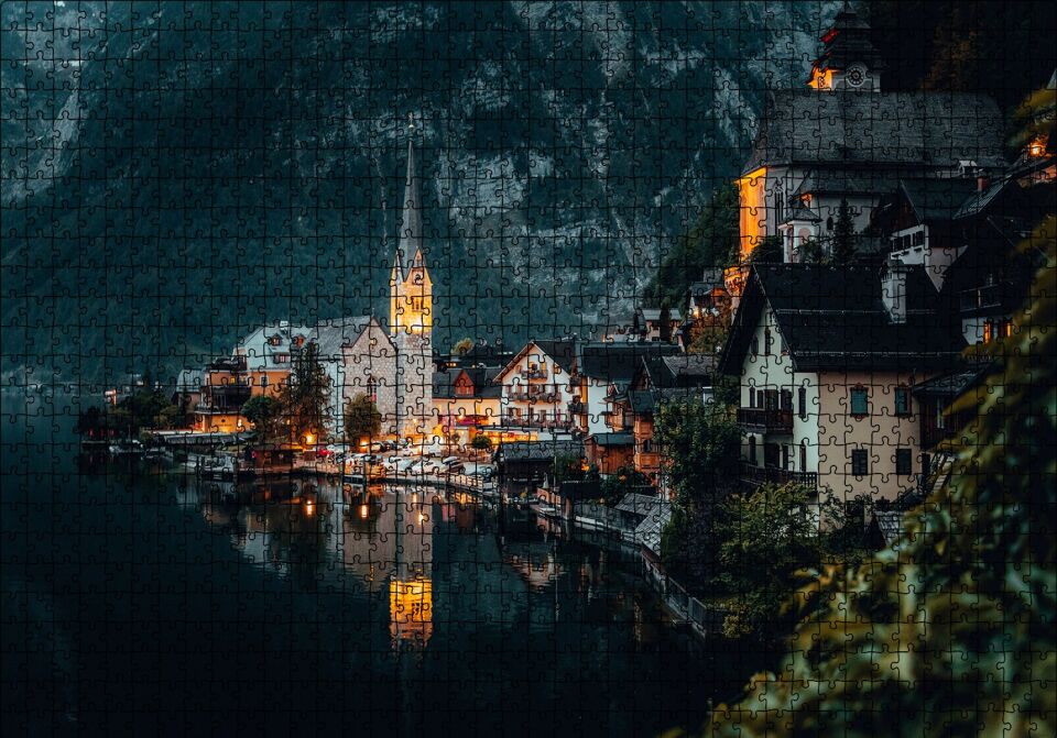 Avusturya Hallstatt Akşam Üzeri Manzarası Puzzle Yapboz MDF Ahşap 1000 Parça 49 cm X 68 cm