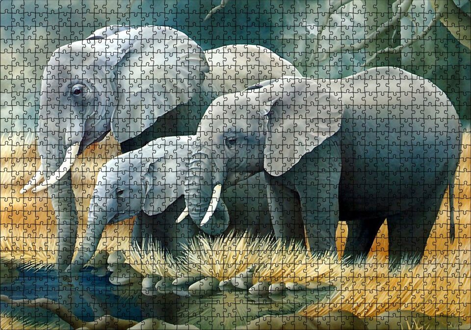 Fil Ailesi Su Kenarında Dijital Çizim Puzzle Yapboz MDF Ahşap 1000 Parça 49 cm X 68 cm