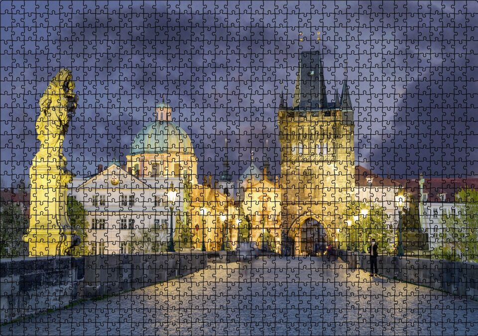 Çekya Prag Karl Köprüsü Puzzle Yapboz MDF Ahşap 1000 Parça 49 cm X 68 cm