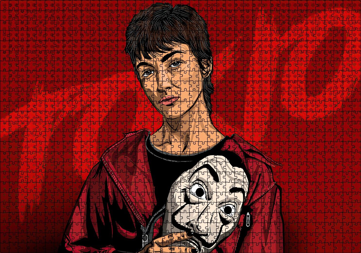 La Casa De Papel Tokyo ve Maskesi Çizim Portre Puzzle Yapboz MDF Ahşap 1000 Parça 49 cm X 68 cm
