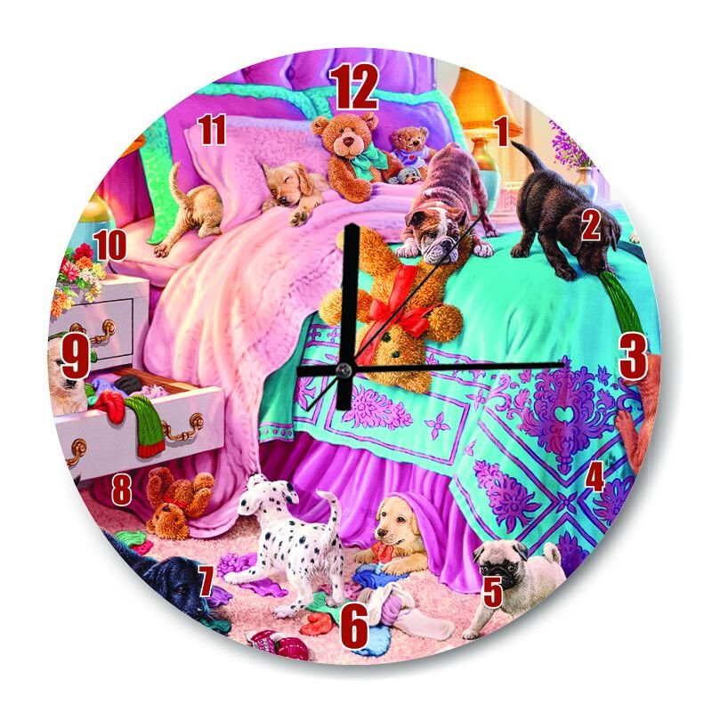 Yatak Odasında Sevimli Yavru Köpekler  Mdf Ahşap Duvar Saati