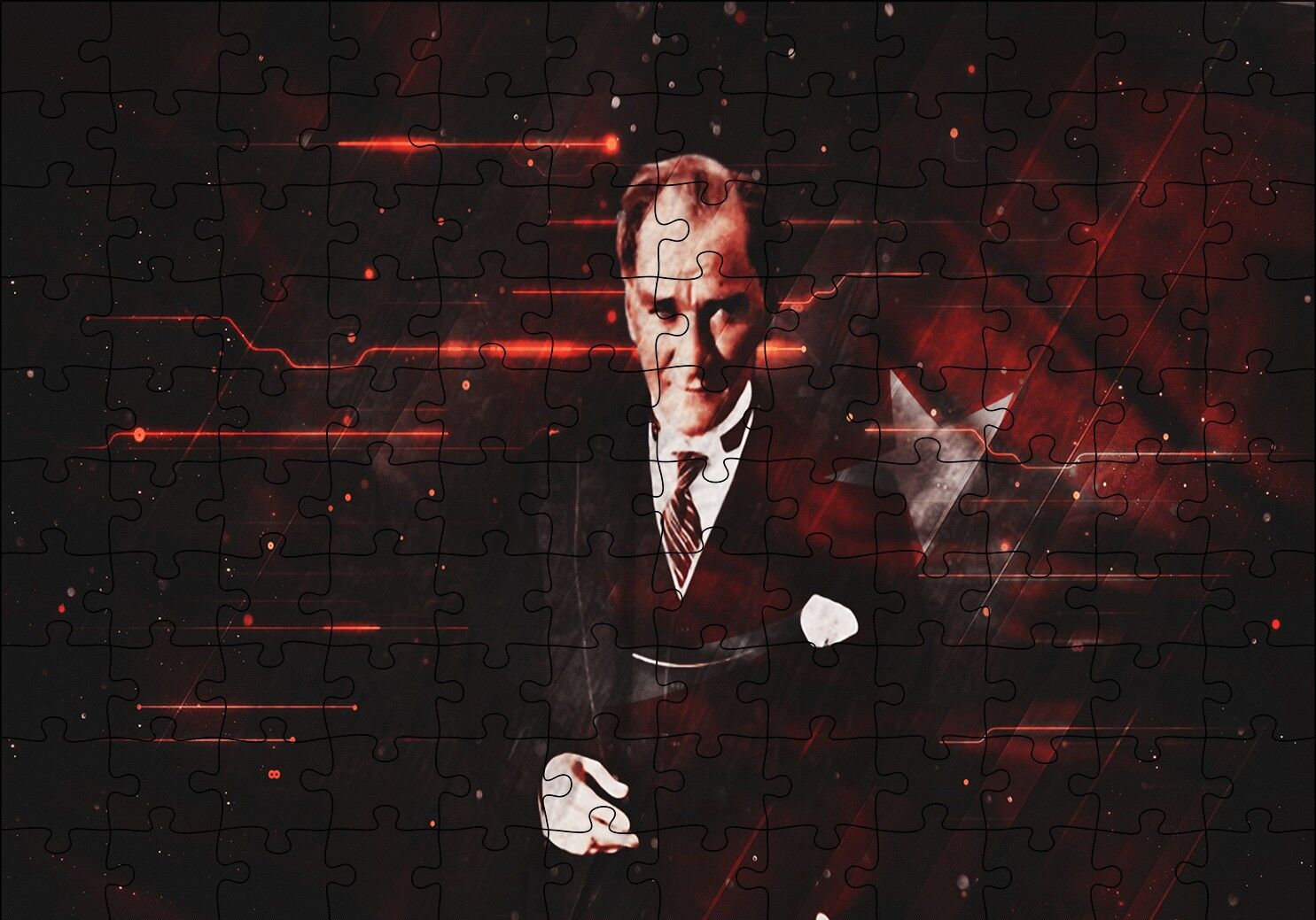 Atatürk ve Türk Bayrağı Hologram Arka Plan Puzzle Yapboz MDF Ahşap 120 Parça 24 cm X 34 cm