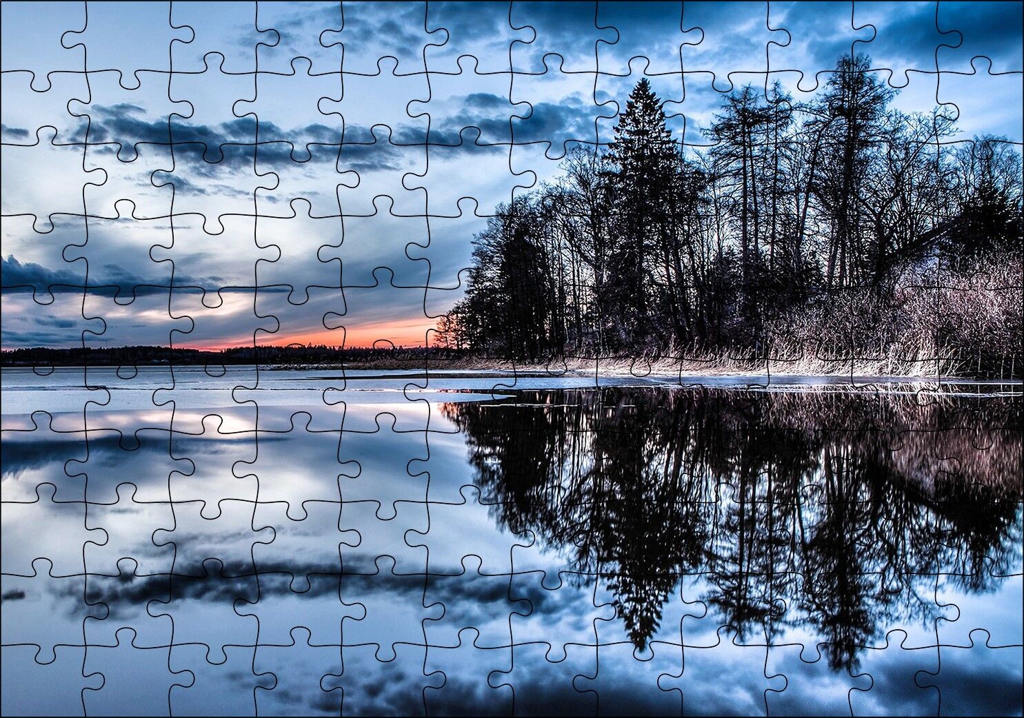 Kıpırtısız Göl Ağaçlar ve Bulutlu Gökler Puzzle Yapboz MDF Ahşap 120 Parça 24 cm X 34 cm