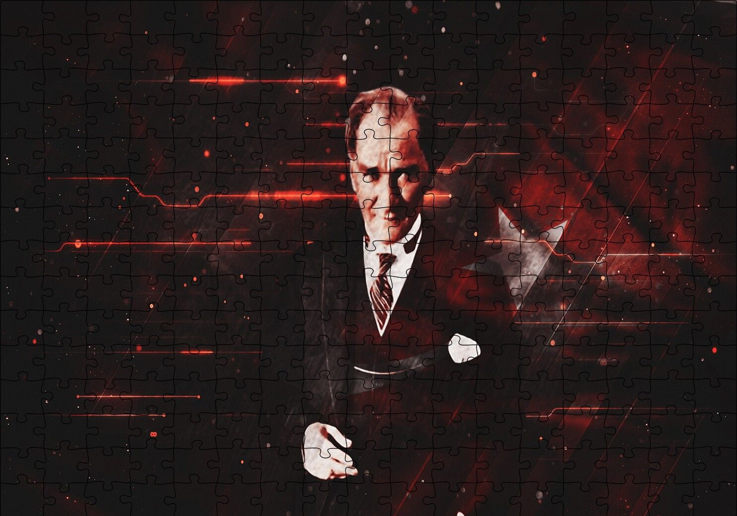 Atatürk ve Türk Bayrağı Hologram Arka Plan Puzzle Yapboz MDF Ahşap 255 Parça 34 cm X 49 cm