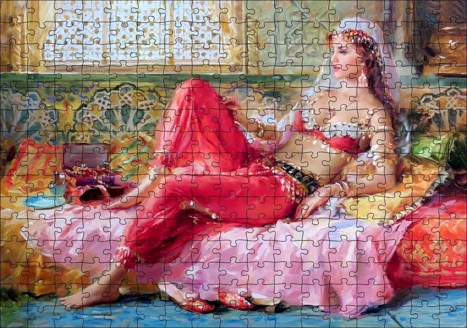 Yağlı Boya Resmi Otantik Giyimli Kadın Görseli Puzzle Yapboz MDF Ahşap 255 Parça 34 cm X 49 cm