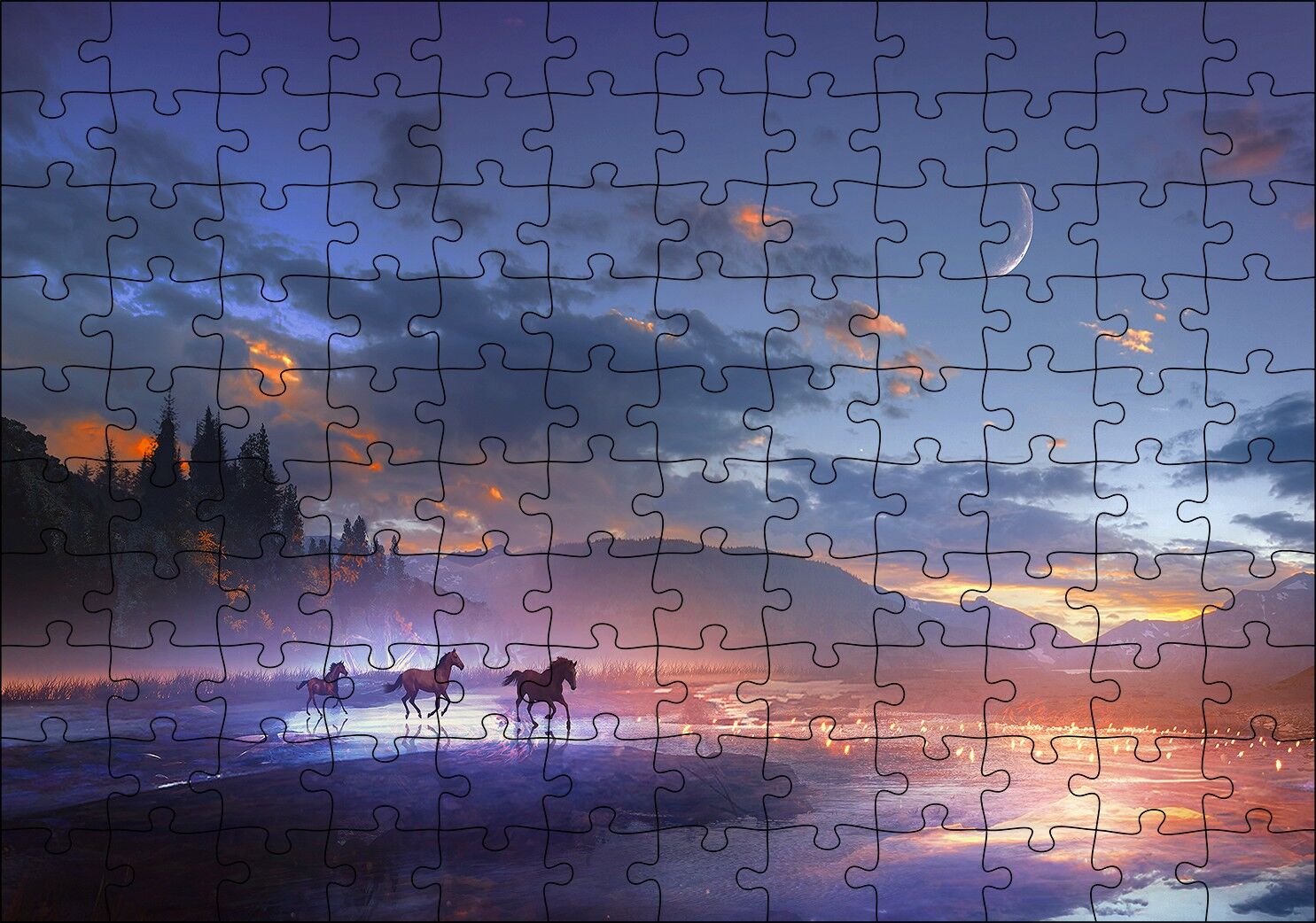 Mor Bulutlu Gökler ve Göl Kıyısında Koşan Atlar Puzzle Yapboz MDF Ahşap