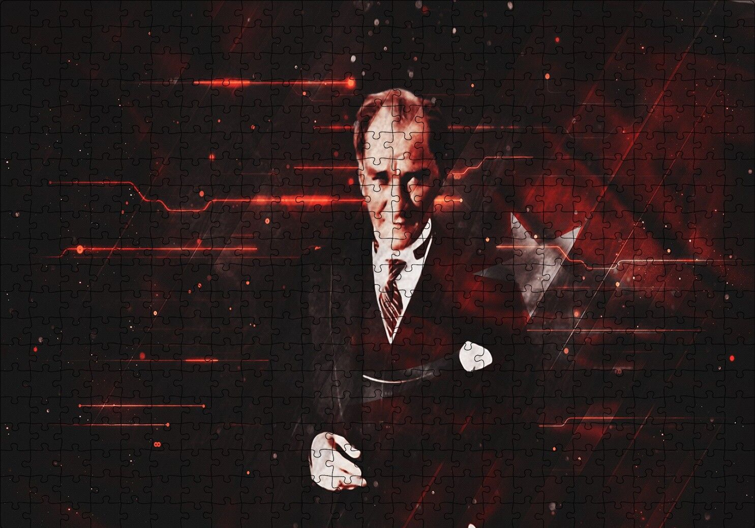 Atatürk ve Türk Bayrağı Hologram Arka Plan Puzzle Yapboz MDF Ahşap 500 Parça 49 cm X 68 cm