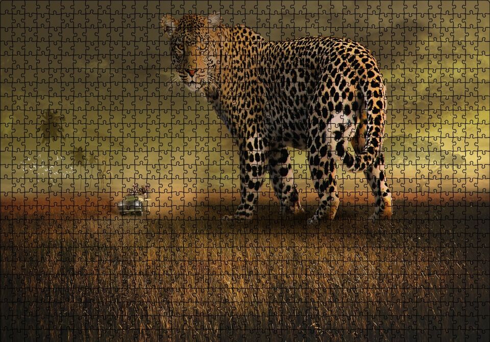 Safaride Turistler ve Leopar Kompozisyon Puzzle Yapboz MDF Ahşap 1000 Parça 49 cm X 68 cm