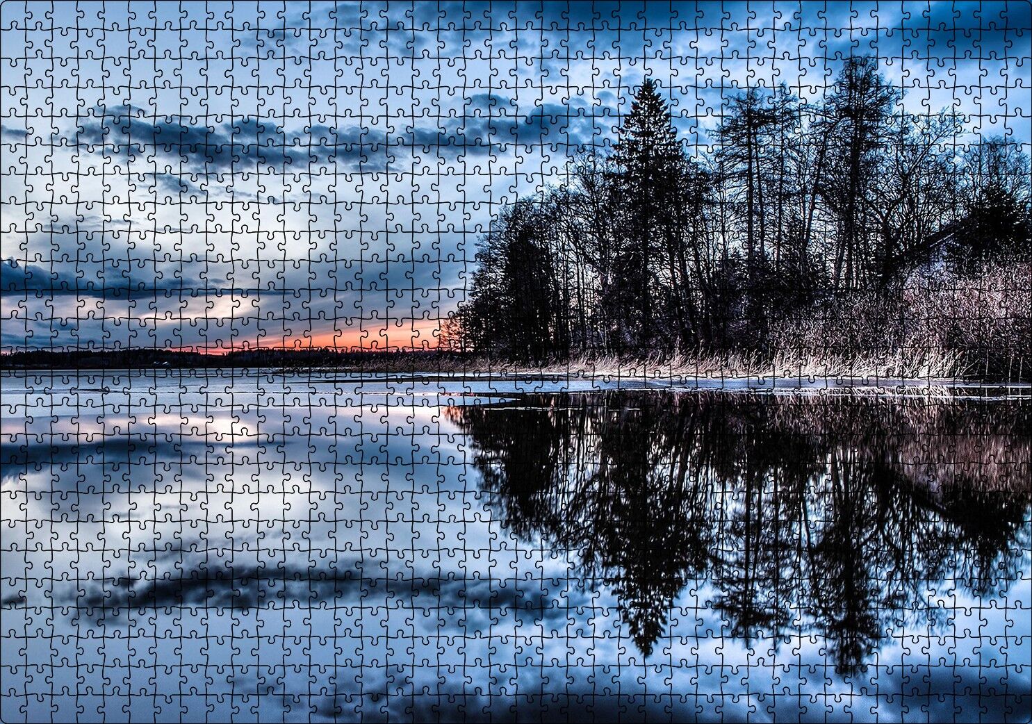 Kıpırtısız Göl Ağaçlar ve Bulutlu Gökler Puzzle Yapboz MDF Ahşap 1000 Parça 49 cm X 68 cm