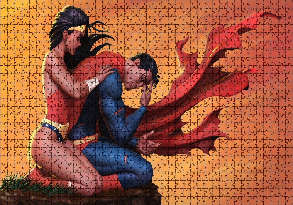 Süpermen Ve Sarılan Harika Kadın Görseli Puzzle Yapboz MDF Ahşap 1000 Parça 49 cm X 68 cm